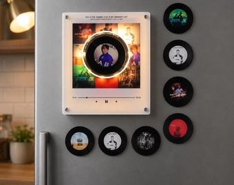 NFC Musik Kühlschrankmagnet mit 9 Discs, rotierendem Vinyllicht, personalisiertem Foto Musikdisplay Nachtlicht, geschenk für Musikliebhaber