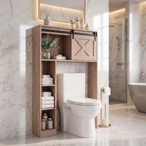Farmhouse Over The Toilet Storage Cabinet | Bathroom Organizer w/ Sliding Barn Door & Shelves | Rustic Space Saver for Small Bathroom