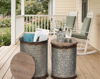 Farmhouse Galvanized Metal Storage Ottomans, Rustic Nesting Side Tables (Set of 2)