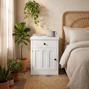 May include: A white wooden nightstand featuring one drawer with a black knob and a lower cabinet door with three vertical panels and a matching black knob. A grey ribbed mug and two stacked books are placed on the flat top surface of the nightstand.