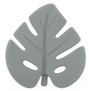 May include: A gray silicone leaf-shaped teether with a textured surface. The teether is designed to help soothe babies' gums.