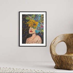 May include: A colourful painting of a woman with a crown of flowers on her head. The flowers are yellow, blue, green and red. The woman's face is partially obscured by the flowers, but her red lips are visible. The background is black.