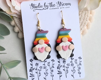 Rainbow Gnome with pink heart earrings cute gift funny gonk dangles