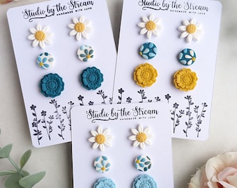 Daisy stud earring triple pack handmade from polymer clay