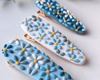 Spring floral hairclips with ditsy flower pattern handmade alligator clip blue teal and white