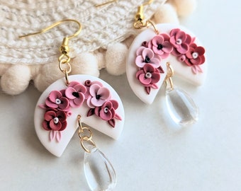 Pink floral earrings with glass dangle, handmade hypoallergenic lightweight