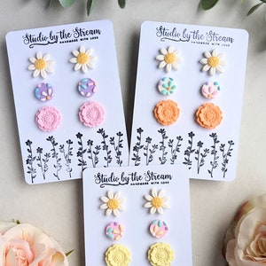 Pastel Daisy stud earring triple pack handmade from polymer clay pick your own colours