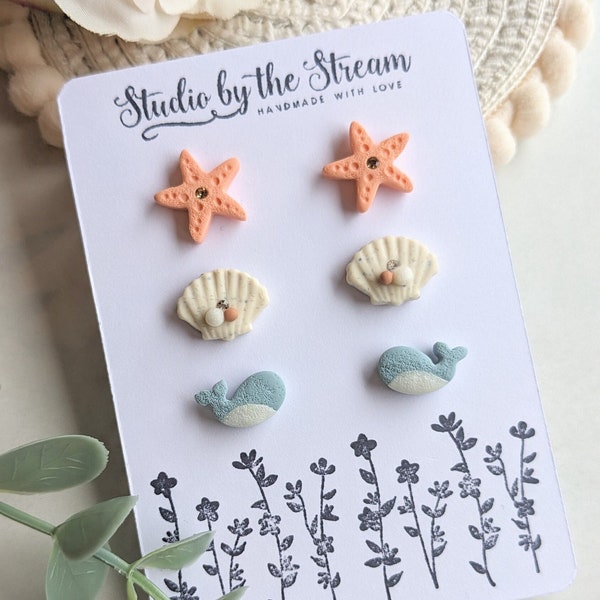 Cute summer earring stud pack starfish shell and whale studs handmade of polymer clay