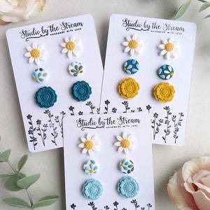 Daisy stud earring triple pack handmade from polymer clay