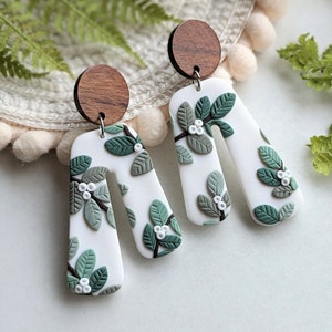 Botanical handmade earrings with green leaves and berries wooden studs with natural colors nature gift for her image 2