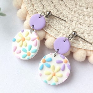 Ditsy floral round dangle earrings in pastel colors handmade from polymer clay