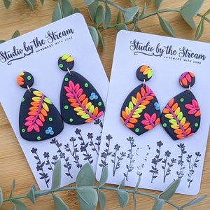 Neon rainbow nature earrings, festival earrings, statement earrings, polymer clay