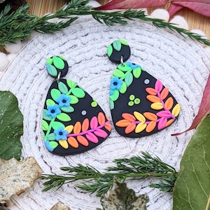 Neon rainbow nature earrings - festival earrings - statement earrings - polymer clay - bright and bold earrings