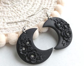 Black floral moon earrings - celestial jewellery - handmade from polymer clay