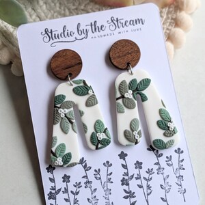 Botanical handmade earrings with green leaves and berries wooden studs with natural colors nature gift for her image 7