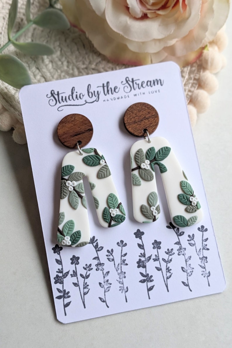 Botanical handmade earrings with green leaves and berries wooden studs with natural colors nature gift for her image 7