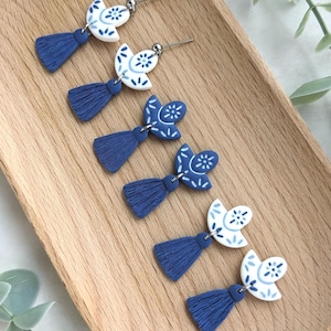Blue Polymer Clay Tassel Earrings: Boho Dangle Jewelry