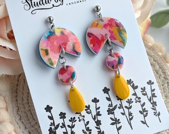 Bright and colourful handmade earrings with dangles