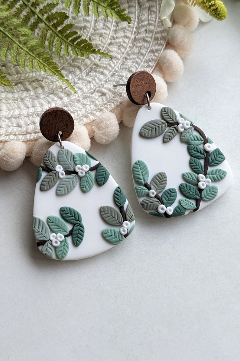 Botanical handmade earrings with green leaves and berries wooden studs with natural colors nature gift for her image 3