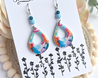Handmade Colourful Teardrop Polymer Clay Earrings, Beaded Dangle, Fun Statement Jewelry