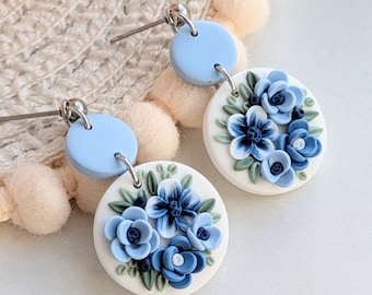 Round blue floral earrings hypoallergenic stainless steel findings dainty flower jewellery spring vibes