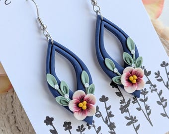 Handmade cottage core blue teardrop floral earrings - Spring jewellery - lightweight - special ocassion