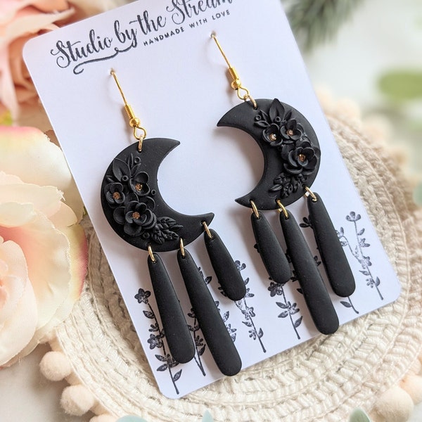 Handmade black floral moon earrings made from polymer clay, lightweight dangles, unique jewelry gifts, celestial gifts