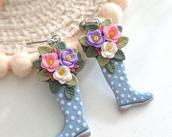 Wellington boot earrings, Gardening gifts for her, cute polka dots