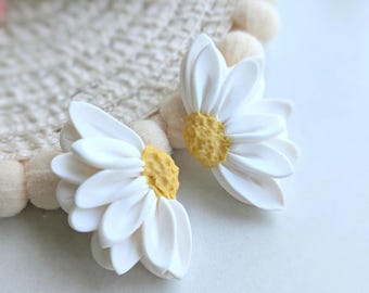 Daisy Stud Earrings handmade from polymer clay -  lightweight - statement studs