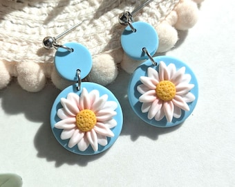 Daisy earrings spring dangles handmade from lightweight polymerclay