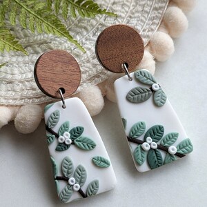 Botanical handmade earrings with green leaves and berries wooden studs with natural colors nature gift for her image 4