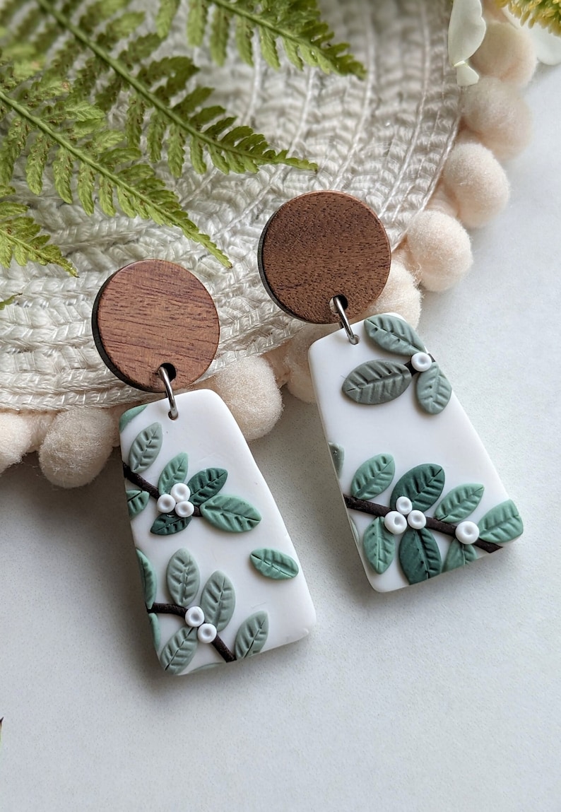 Botanical handmade earrings with green leaves and berries wooden studs with natural colors nature gift for her image 4