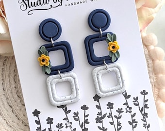 Square navy floral earrings hypoallergenic stainless steel findings dainty flower jewellery spring vibes