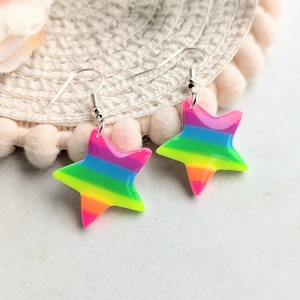 Neon Rainbow Star Earrings: Handmade Polymer Clay Jewelry
