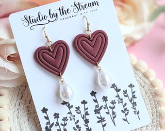 Handmade Valentine's Earrings - Dark red hearts with pearl dangles - Polymer clay jewelry