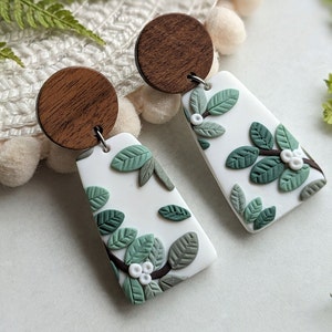 Botanical handmade earrings with green leaves and berries wooden studs with natural colors nature gift for her image 5