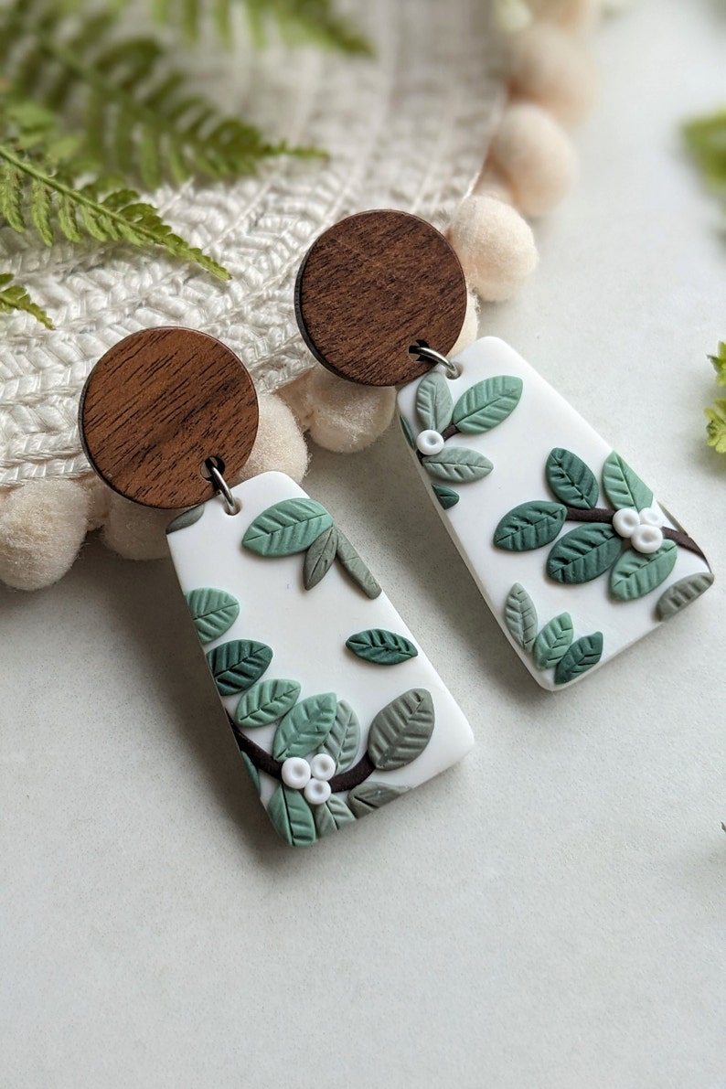 Botanical handmade earrings with green leaves and berries wooden studs with natural colors nature gift for her image 5