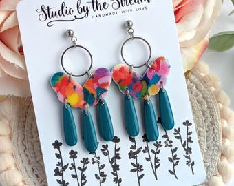 Bright and colourful handmade earrings with dangles