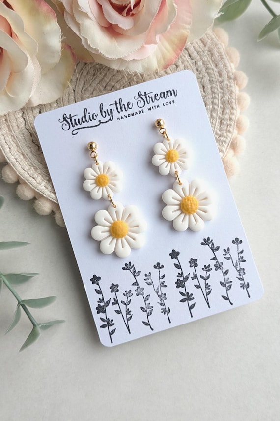 Daisy Earrings handmade from polymer clay, lightweight