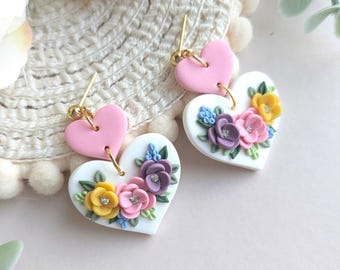 Pendientes de corazón floral, regalo de San Valentín, hechos a mano, hipoalergénicos, colgantes.