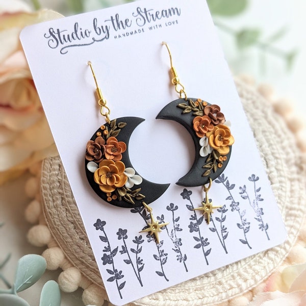 Handmade black and gold floral moon earrings made from polymer clay, lightweight dangles, unique jewelry gift, celestial gifts