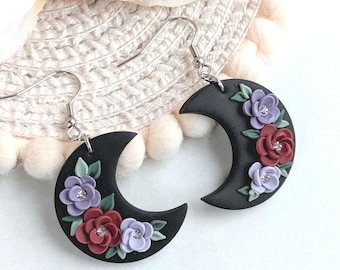 Black moon floral earrings, celestial dangles, witchy jewellery, handmade