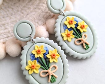 Spring daffodil and hyacinth bouquet handmade polymer clay earrings - pale green