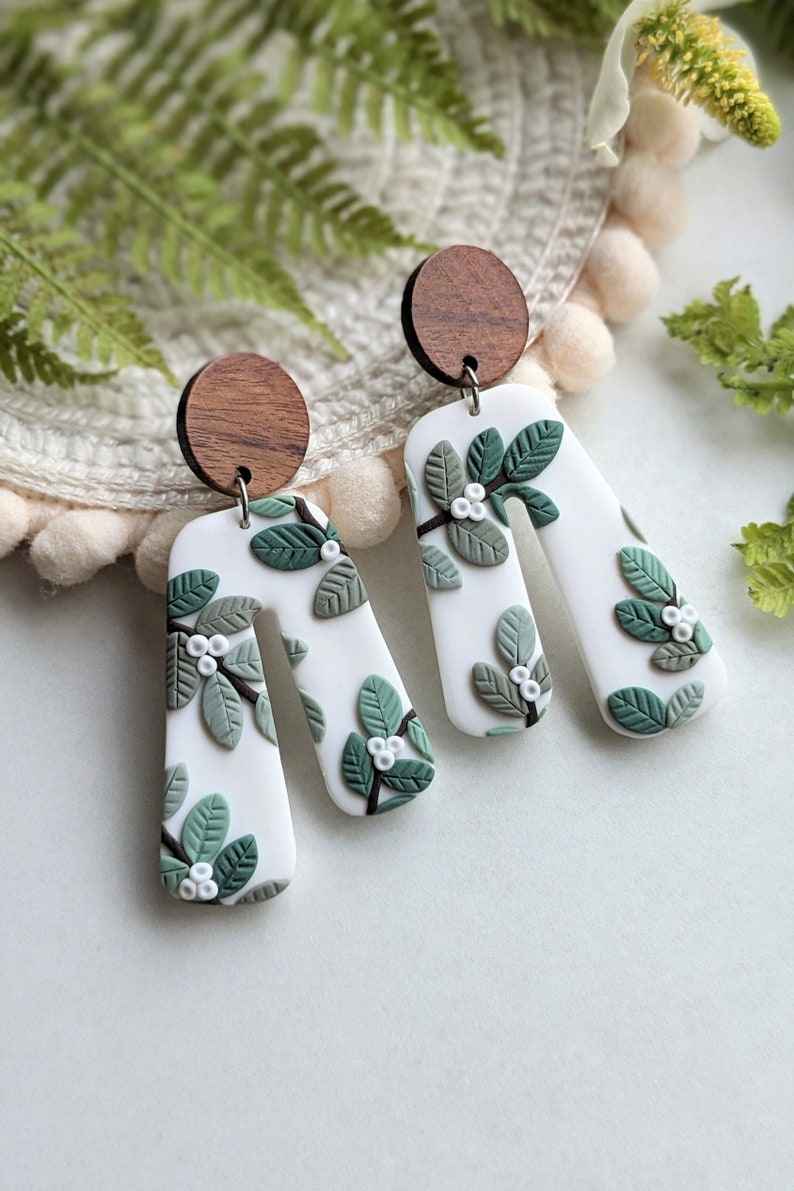 Botanical handmade earrings with green leaves and berries wooden studs with natural colors nature gift for her image 2