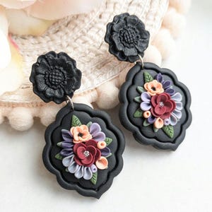 Black gothic style earrings dark academia aesthetic floral dangles handmade from polymer clay