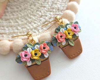 Floral garden pot earrings, flower pot dangles, Gardening gifts for her