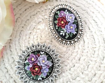 Vintage style floral brooches dark aesthetic handmade from polymer clay