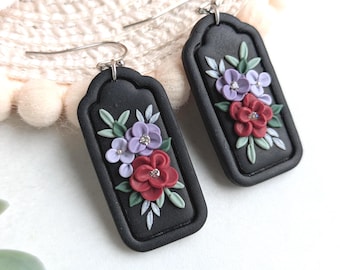 Black floral earrings, gothic jewellery, handmade from polymer clay, witchy vibes,