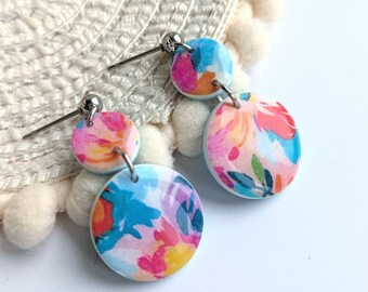 Bright and colourful handmade polymer clay earrings with dangles
