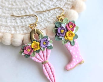 Wellington boot and umbrella earrings, Gardening gifts for her, cute polka dot dangles, floral earrings, botanical gifts